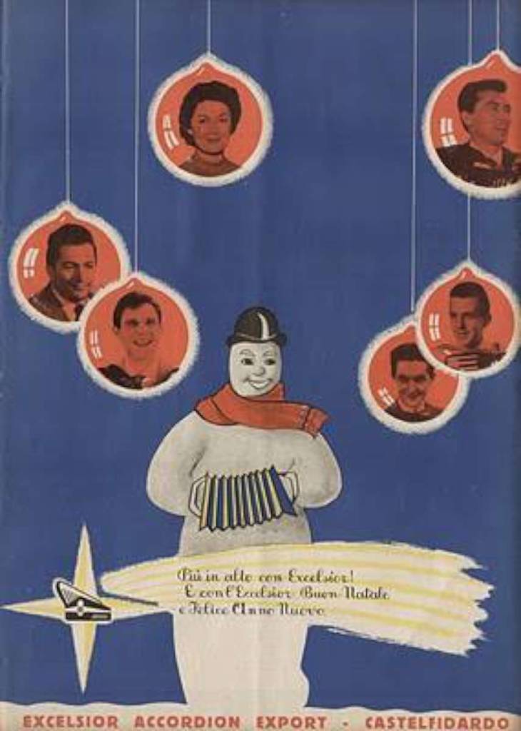 Excelsior Christmas Card showing Barimar, Wolmer Beltrami, Peppino Principe and other accordionists