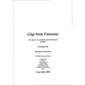 A medley of Gigi Stok’s hits arranged for 3 accordions and Symphony Orchestra. Full conductor’s score of Romano Viazzani’s 2001 medley scored for 3 accordions and symphony orchestra. Also available are the individual orchestra parts. Includes clips from: Vecchi Ricordi Elettrico Tango Gagliardo L'Indiavolata L'Italiano a Parigi Signora Fisarmonica Brioso Scored for: Woodwinds: 2 Flutes 1 Piccolo 2 Oboes 2 Clarinets in Bb 2 Basssons Saxophones: 1 Alto Sax Brass: 4 French Horns 3 Trumpets 2 Trombones 1 Bass Trobone 1 Tuba Keyboard Instruments: 3 Accordions 1 Pianoforte Plucked Strings: 1 Harp 1 Acoustic Guitar Strings: 10 Violins I 8 Violins II 6 Violas 6 Cellos 4 Double Basses Percussion 1: 4 Timpani Cymbals Snare